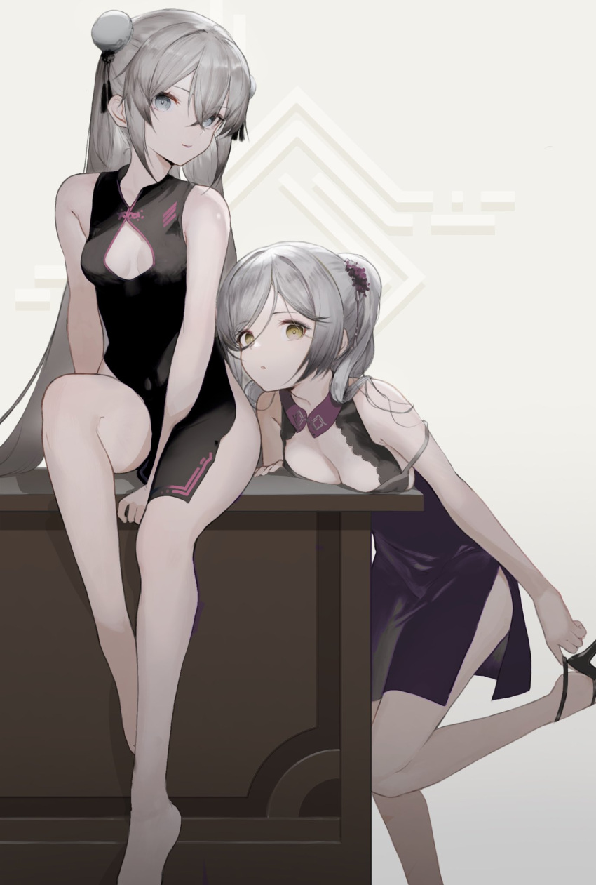 2girls abstract_background anths bare_shoulders barefoot between_legs blue_eyes breast_press breasts china_dress chinese_clothes cleavage_cutout clothing_cutout desk dress eyebrows_visible_through_hair flower grey_hair hair_bun hair_flower hair_ornament hand_between_legs high_heels highres iron_saga karas_(iron_saga) kemuri_(iron_saga) long_hair looking_at_viewer multiple_girls putting_on_shoes removing_shoes simple_background strap_slip thighs tied_hair very_long_hair yellow_eyes