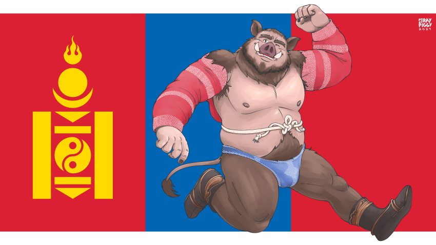 anthro boots clothing exposed_belly flag_background flexing footwear hi_res jumping khenbish_(minotaur_hotel) looking_at_viewer male mammal minotaur_hotel mongolian mongolian_clothing musclegut muscular muscular_male one_eye_closed sleeves smile smiling_at_viewer solo stray_piggy suid suina sus_(pig) wild_boar wink winking_at_viewer wrestling_clothing
