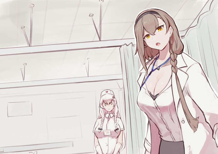 0_0 2girls :o azur_lane bangs black_bra black_hairband bow bra bra_peek braid braided_ponytail breasts ceiling cleavage closed_mouth coat cowboy_shot curtains doctor dress eagle_(azur_lane) eagle_(eagle's_clinic)_(azur_lane) earrings english_commentary engrish_commentary eyebrows_visible_through_hair gloves hair_between_eyes hair_bow hair_ornament hair_over_shoulder hairband hat hermione_(azur_lane) hermione_(pure_white_angel)_(azur_lane) id_card indoors infirmary jewelry labcoat lanyard large_breasts long_hair looking_at_viewer marshall_k meme metal_gear_(series) metal_gear_solid_v multiple_girls necklace nurse nurse_cap open_mouth parody pov shirt short_sleeves sidelocks silver_hair skirt standing twin_braids underwear white_coat white_dress white_gloves white_hair white_headwear white_shirt x_hair_ornament yellow_eyes
