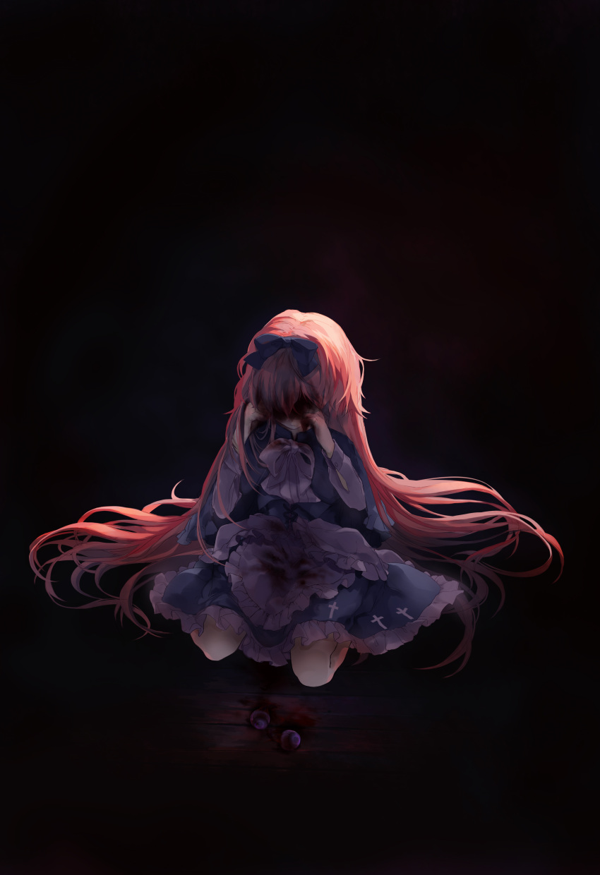 1girl absurdres black_background blonde_hair blood blood_on_face blood_splatter bow bow_hairband cross dress eyeball full_body hair_bow hairband harpae highres kirame_kirai long_hair looking_down official_art pale_skin pocket_mirror spoilers wooden_floor