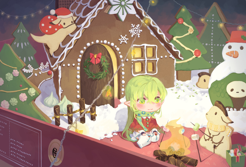 1girl box bunny chibi christmas christmas_tree christmas_wreath cookie dog elsword eyes_visible_through_hair fire food gift gift_box gingerbread_cookie gingerbread_house green_eyes green_scarf hair_between_eyes highres icing in_box in_container light_green_hair looking_to_the_side marshmallow pointy_ears poncho powdered_sugar print_scarf reindeer rena_(elsword) rope scarf shadow shakan_(pixiv28220363) sitting snowman solo wariza white_legwear wrist_cuffs
