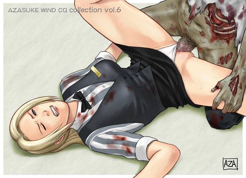 1girl azasuke blonde_hair blood blue_eyes censored cindy_lennox clenched_teeth from_above highres long_hair lying missionary monster on_back panties panties_aside penis pubic_hair resident_evil resident_evil_outbreak sequential sequential_set sex skirt skirt_lift solo spread_legs sweat teeth underwear upskirt vaginal white_panties wince wink zombie