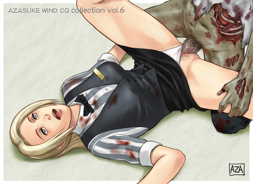 1girl azasuke blonde_hair blood blue_eyes censored cindy_lennox from_above highres long_hair lying missionary monster on_back open_mouth panties panties_aside penis pubic_hair resident_evil resident_evil_outbreak sequential sequential_set sex skirt skirt_lift solo spread_legs sweat underwear upskirt vaginal white_panties zombie