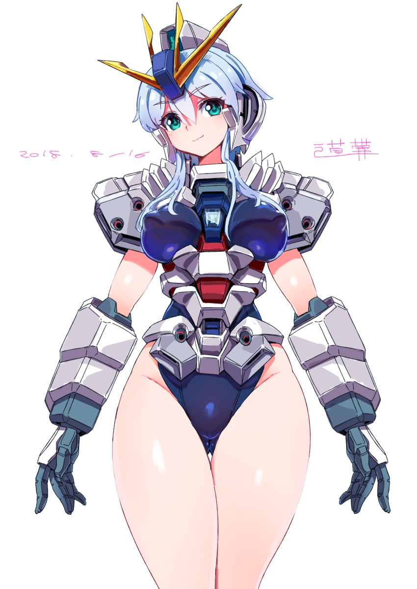 antennae armor bangs blue_hair breasts commentary_request covered_nipples dated erect_nipples eyebrows_visible_through_hair green_eyes gundam gundam_narrative highres large_breasts leotard looking_at_viewer mecha_musume michi_kuso narrative_gundam shiny shiny_hair shiny_skin short_hair sidelocks signature solo standing
