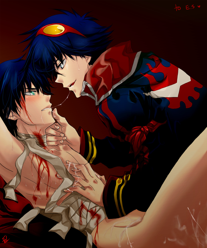 al_bhed_eyes bandages blood blue_hair blush cum dual_persona garlock_simon goggles highres injury male_focus multiple_boys nude saliva selfcest simon sweat tengen_toppa_gurren_lagann trench_coat yaoi