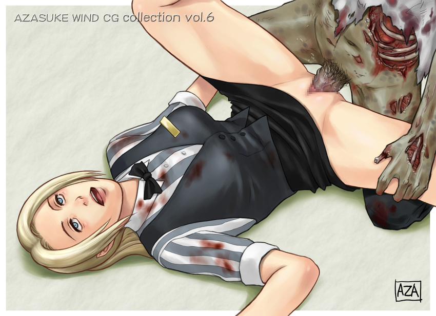 1girl azasuke blonde_hair blood blue_eyes censored cindy_lennox from_above highres long_hair lying missionary monster no_panties on_back open_mouth penis pubic_hair resident_evil resident_evil_outbreak sequential sequential_set sex shaved_pussy skirt skirt_lift solo solo_focus spread_legs sweat vaginal zombie