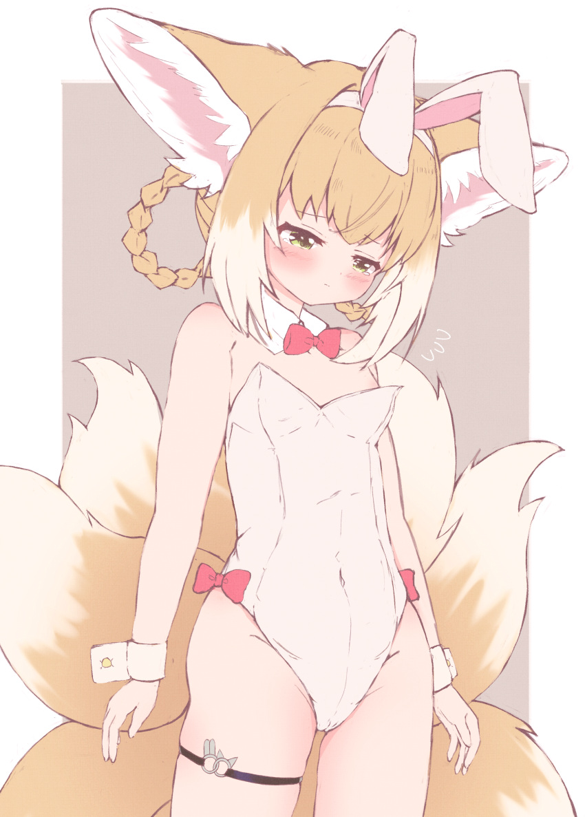 absurdres animal_ear_fluff animal_ears arknights bare_shoulders blonde_hair blush bow bowtie braid breasts chrocatz covered_navel detached_collar embarrassed fake_animal_ears flying_sweatdrops fox_ears fox_girl fox_tail groin hair_rings highres leotard long_hair multiple_tails playboy_bunny rabbit_ears red_neckwear small_breasts suzuran_(arknights) tail tears thigh_strap thighs twin_braids twintails white_leotard wrist_cuffs