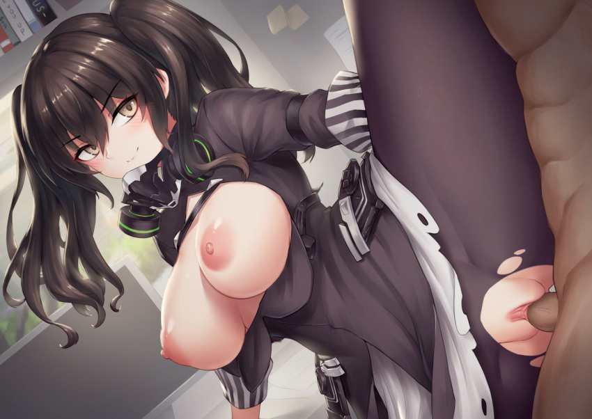 1boy 1girl black_hair black_legwear blush breasts breasts_out closed_mouth eyebrows_visible_through_hair girls'_frontline hair_between_eyes hetero indoors large_breasts long_hair mask mask_around_neck mingke nipples pantyhose penis pussy respirator sangvis_ferri scarecrow_(girls'_frontline) sex smile solo_focus torn_clothes torn_legwear twintails uncensored vaginal yellow_eyes