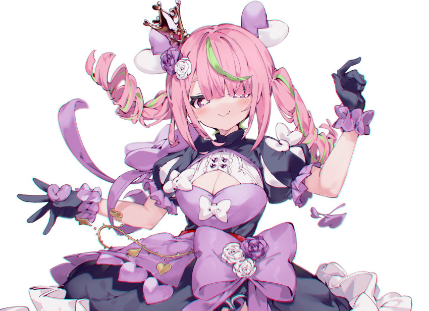 1girl azuchi_momo bangs black_dress black_gloves blush bow breasts cleavage cleavage_cutout closed_mouth clothing_cutout crown dress drill_hair fang fang_out flower gloves green_hair hair_flower hair_ornament hair_over_one_eye heart heart_hair_ornament highres karizini999 long_hair looking_at_viewer mini_crown nijisanji pink_hair puffy_short_sleeves puffy_sleeves purple_bow purple_eyes purple_flower purple_rose rose short_sleeves simple_background skin_fang smile solo twin_drills twintails upper_body virtual_youtuber white_flower white_rose