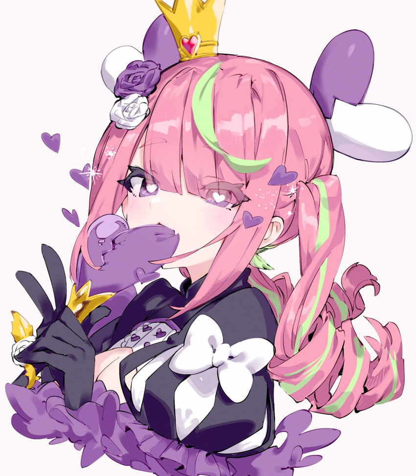 1girl azuchi_momo bangs biting black_gloves black_shirt breasts cleavage drill_hair eyebrows_visible_through_hair eyes_visible_through_hair fang flower gloves green_hair hair_flower hair_ornament hair_over_one_eye hand_up heart heart-shaped_pupils heart_wand highres holding holding_wand karizini999 long_hair looking_at_viewer multicolored_hair nijisanji pink_hair puffy_short_sleeves puffy_sleeves purple_eyes purple_flower purple_rose rose shirt short_sleeves simple_background skin_fang solo streaked_hair symbol-shaped_pupils thick_eyebrows twin_drills twintails upper_body virtual_youtuber wand white_flower white_rose