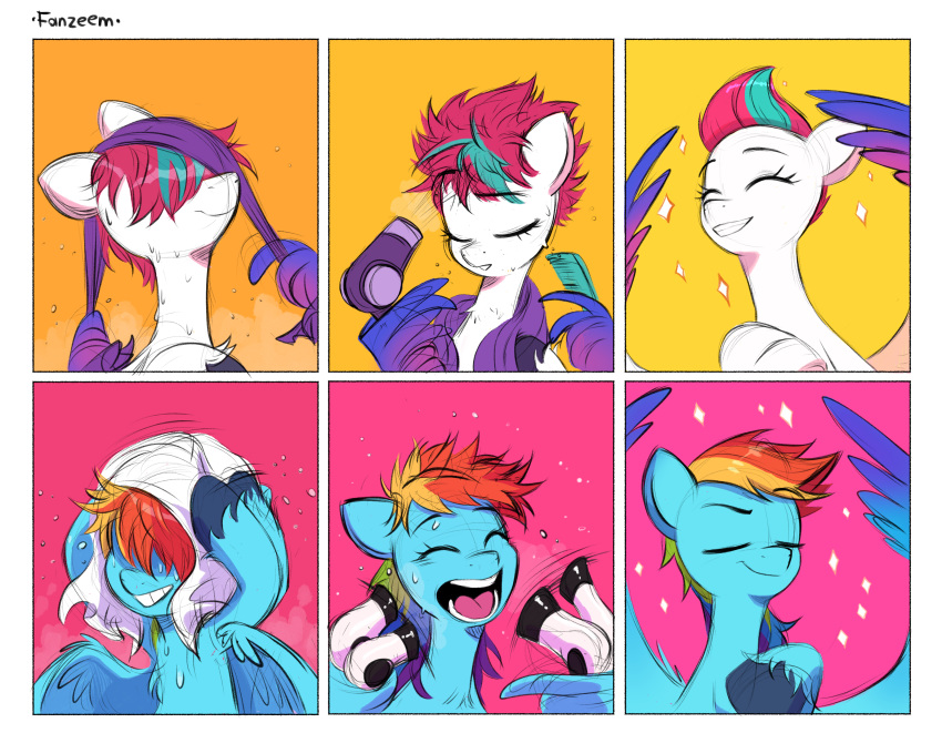 absurd_res dryer equid equine erzhuxa eyes_closed fanzeem female friendship_is_magic hair hair_dryer hasbro hi_res mammal multicolored_hair my_little_pony pegasus rainbow_dash_(mlp) rainbow_hair sparkles towel wings zipp_storm_(mlp)