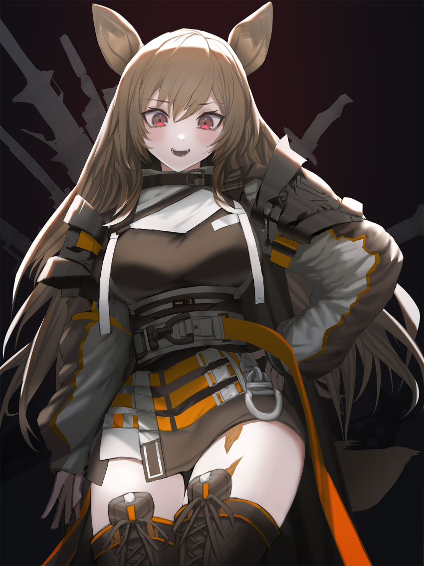 1girl animal_ears arknights breasts brown_hair ceobe_(arknights) coat dog_ears dress eigo_ichii fang highres large_breasts long_hair oripathy_lesion_(arknights) red_eyes thighhighs weapon weapon_on_back