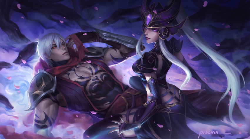 1boy 1girl absurdres armor artist_name bangs black_gloves black_nails blue_background breasts closed_mouth elbow_gloves finger_to_mouth from_behind gem gloves glowing glowing_eyes grey_hair hair_between_eyes highres league_of_legends long_hair looking_at_viewer lying medium_breasts nail_polish no_headwear no_helmet o-ring on_back petals pink_eyes piscina red_scarf scarf shoulder_armor sitting smile stomach_tattoo syndra tattoo zed_(league_of_legends)