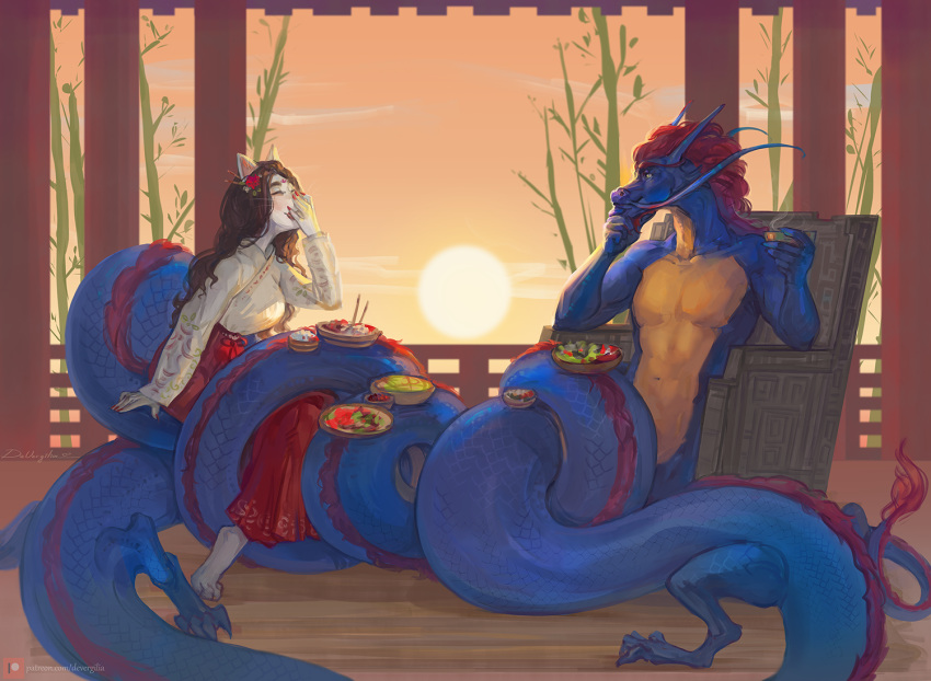 2021 anthro asian_clothing asian_mythology blue_body blue_scales brown_hair chair clothing devergilia digital_media_(artwork) domestic_cat dragon duo east_asian_architecture east_asian_clothing east_asian_mythology eastern_dragon felid feline felis female food fur furniture hair laugh male mammal mythology red_hair scales sitting smile sun sunset white_body white_fur wood_floor