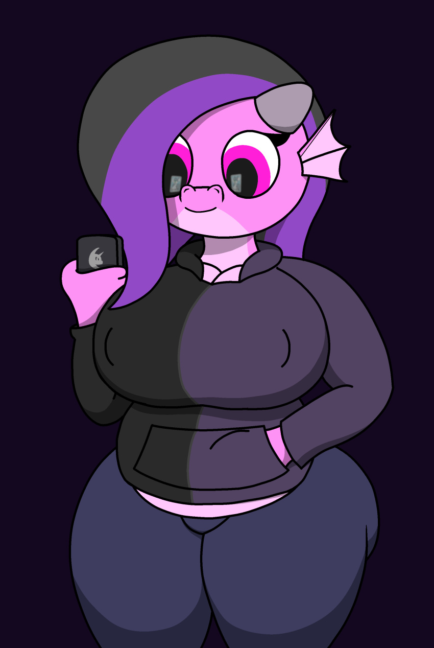 absurd_res anthro aquatic_dragon autumn_(cookie-pone) belly big_belly big_breasts big_butt black_hair bottomwear breasts butt clothing cookie-pone curvy_figure denim denim_clothing dragon ear_fins female fin hair hi_res hoodie horn jeans marine mutlicolored_hair nipple_outline overweight overweight_anthro overweight_female pants phone pink_body pink_eyes pink_scales purple_hair reptile scales scalie solo thick_thighs tight_clothing topwear western_dragon wide_hips