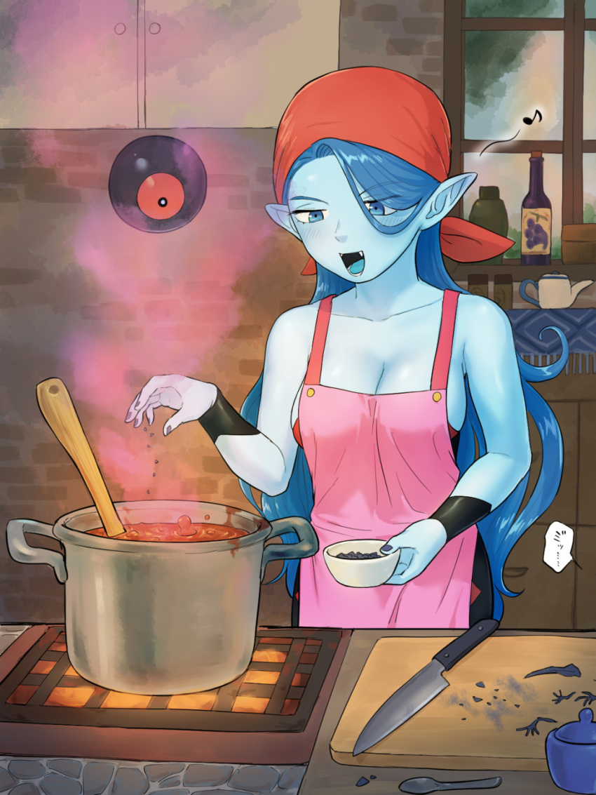 1girl :d apron arinsu_(kodamamaimai) bandana bare_shoulders black_dress blue_eyes blue_skin blue_tongue blush bottle bowl breasts cleavage collarbone colored_skin colored_tongue commentary_request cooking dark_blue_hair dragon_quest dress fang highres holding holding_bowl kitchen kitchen_knife large_breasts musical_note open_mouth pink_apron pointy_ears pot red_bandana smile solo stove window witch_lady_(dq8) wristband