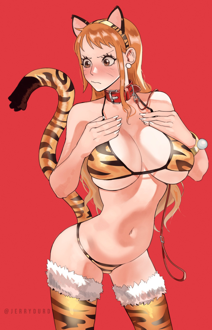 1girl absurdres animal_ears animal_print arched_back bikini blush breasts brown_eyes closed_mouth collar earrings feet_out_of_frame fur hands_on_own_breasts highres jewelry joy_boy large_breasts long_hair nami_(one_piece) navel one_piece orange_hair red_background red_collar sidelocks simple_background single_earring solo standing stomach swimsuit tail thighhighs tiger_print twitter_username