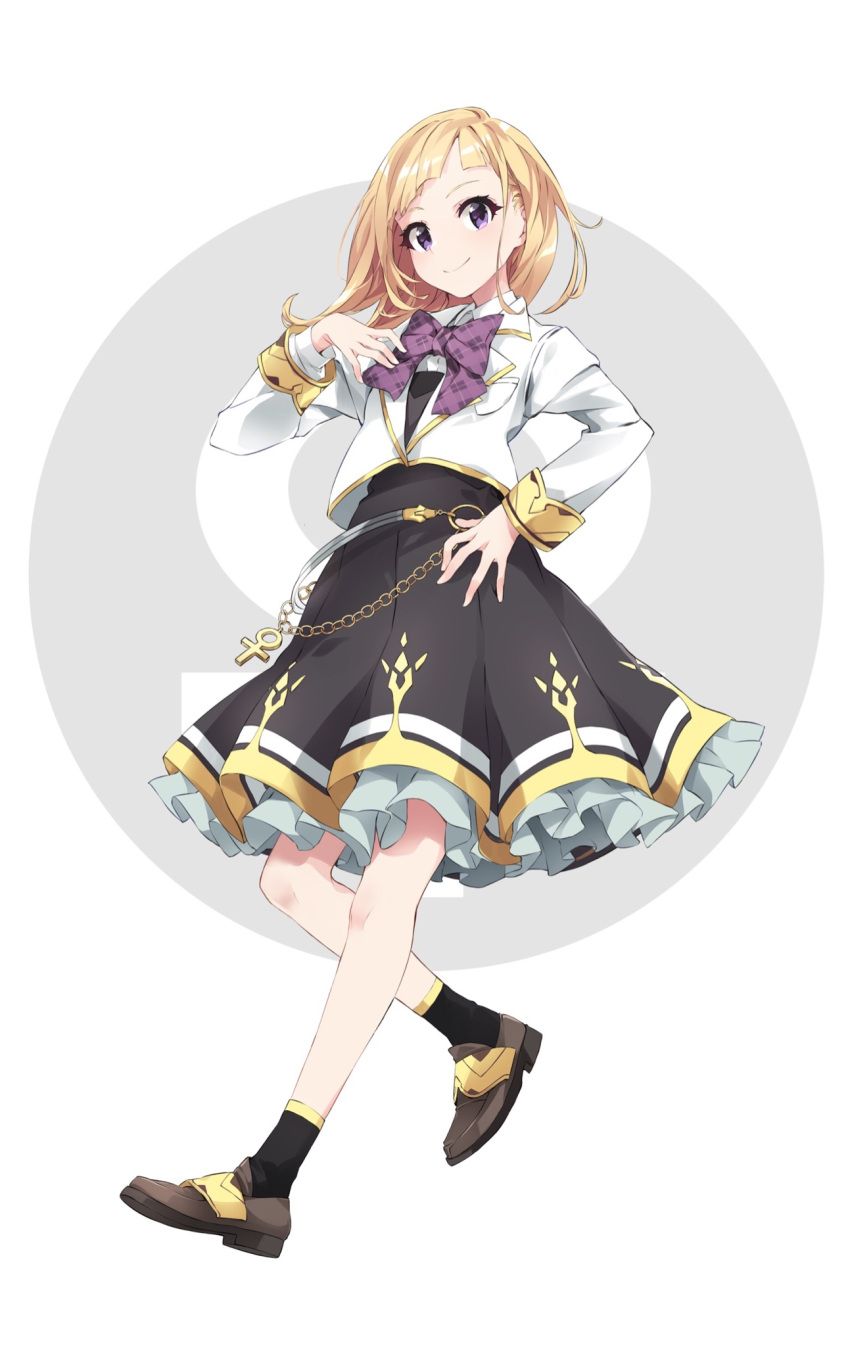 1girl black_legwear blonde_hair bow bowtie brown_footwear dress grey_background hand_on_hip hand_on_own_chest highres jacket koumyouin_reira long_hair looking_at_viewer multicolored_background official_art okutomi_fumi pale_skin pure_project purple_bow purple_eyes sandals shoes virtual_youtuber white_background white_jacket
