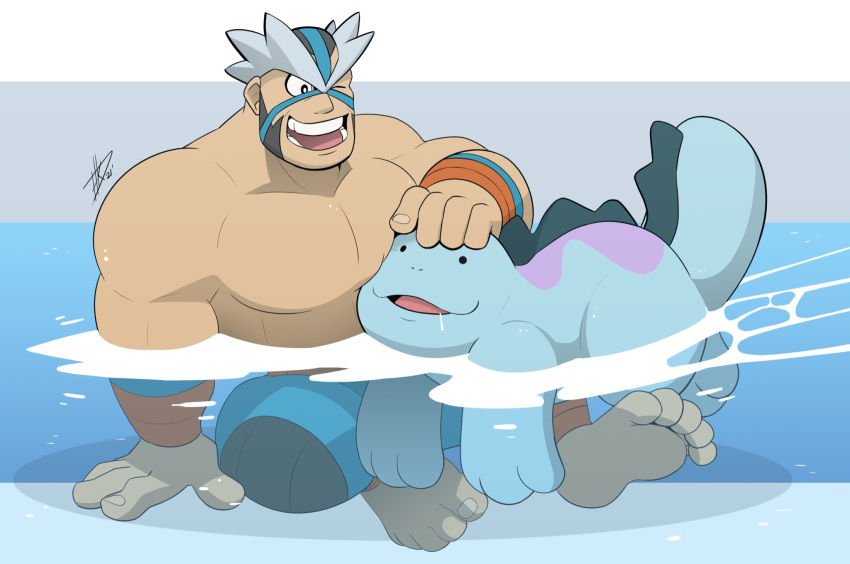 blue_body clothed clothing crasher_wake duo feral gym_leader hi_res hikazedragon human male mammal muscular muscular_human muscular_male nintendo partially_clothed partially_submerged pok&eacute;mon pok&eacute;mon_(species) quagsire video_games water