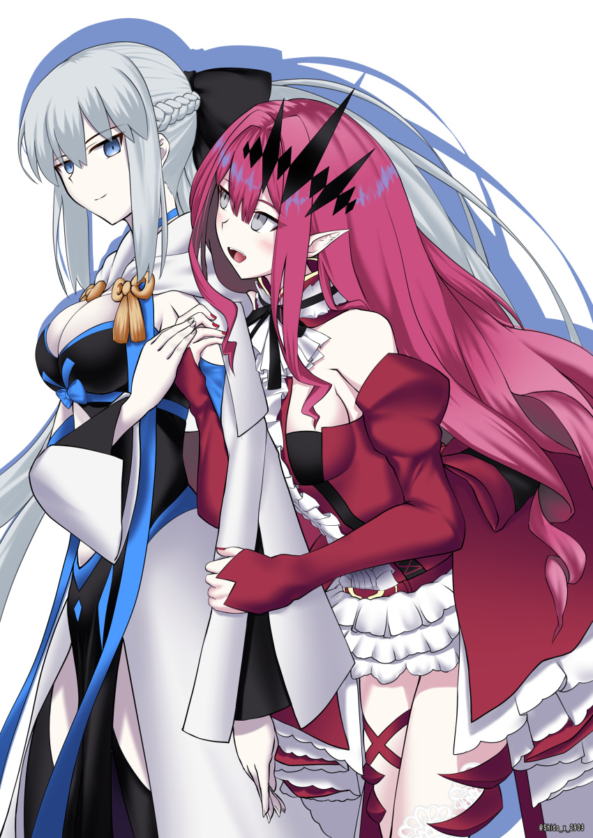 2girls absurdres bangs bare_shoulders black_bow black_dress black_footwear blue_eyes boots bow braid breasts center_frills center_opening cleavage detached_collar detached_sleeves dress earrings fairy_knight_tristan_(fate) fate/grand_order fate_(series) french_braid frills grey_eyes grey_hair hair_bow highres jewelry large_breasts long_hair long_sleeves morgan_le_fay_(fate) multiple_girls open_mouth pelvic_curtain pink_hair pointy_ears ponytail red_dress shidou_(x_2903) sidelocks smile thigh_boots thighhighs thighs tiara two-tone_dress very_long_hair white_dress wide_sleeves