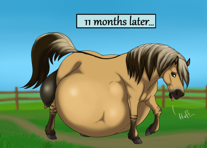 2022 abdominal_bulge belly big_belly big_udders digital_drawing_(artwork) digital_media_(artwork) draft_horse english_text equid equine eyelashes female fence fencepost feral fjord_horse fur hooves horse hyper hyper_belly hyper_pregnancy looking_down mammal nipples one_leg_up open_mouth outside pregnant priestofjashin raised_leg raised_tail solo tan_body tan_fur teats text tongue udders