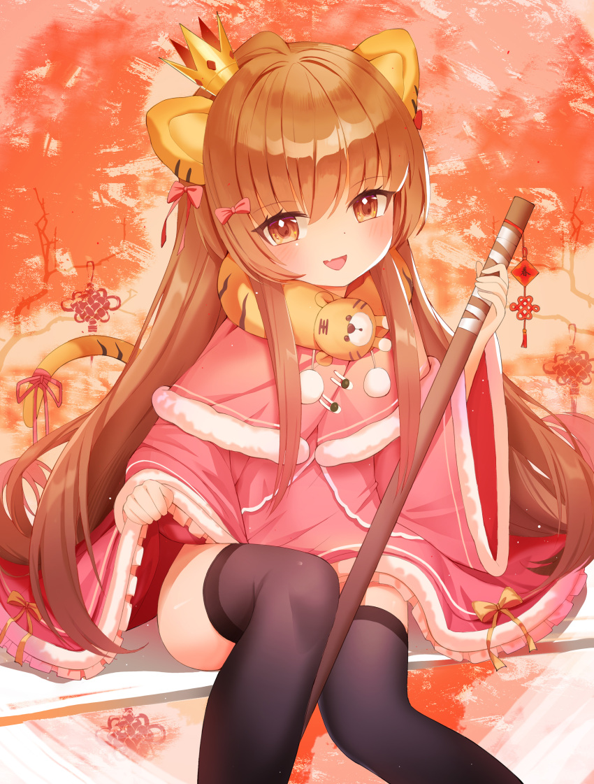 1girl absurdres aisaka_taiga animal_ears artist_request bangs black_legwear bokken bow brown_eyes brown_hair capelet commentary_request crown dress eyebrows_visible_through_hair fang fur-trimmed_capelet fur-trimmed_dress fur_trim hair_bow highres holding holding_sword holding_weapon light_blush long_sleeves looking_at_viewer mini_crown open_mouth pink_bow sitting skin_fang smile solo sword tail thighhighs tiger_ears tiger_tail toradora! weapon wide_sleeves wooden_sword