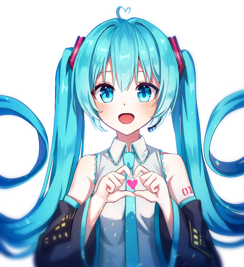 1girl :d absurdres ahoge bangs black_sleeves blue_eyes blue_hair blue_necktie collared_shirt detached_sleeves floating_hair hair_between_eyes hatsune_miku heart heart_ahoge heart_hands highres ille_(xcpa7325) long_hair long_sleeves looking_at_viewer necktie open_mouth shiny shiny_hair shirt simple_background sleeveless sleeveless_shirt smile solo twintails upper_body very_long_hair vocaloid white_background white_shirt wing_collar