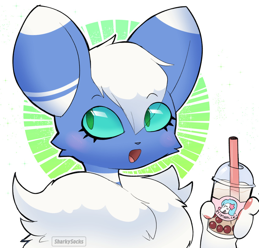 beverage blue_body blue_fur blush bubble_tea eye_through_hair fur gloves_(marking) green_pupils green_sclera hair hi_res male mallory_(psychicmiaou) markings meowstic neck_tuft nintendo pawpads pok&eacute;mon pok&eacute;mon_(species) primarina pupils sharkysocks slit_pupils solo straw translucent translucent_hair tuft video_games