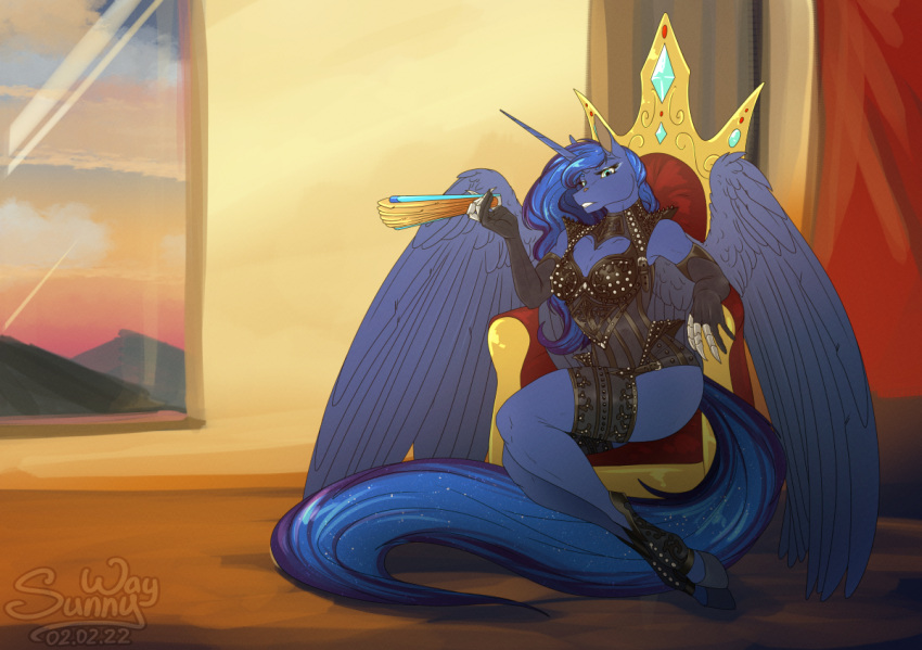 anthro chair classy digital_drawing_(artwork) digital_media_(artwork) equid equine equnie feathers female friendship_is_magic furniture hasbro horn horse mammal my_little_pony patreon patreon_artist patreon_link pony princess_luna_(mlp) reward solo solo_focus sunny_way text throne throne_room url winged_unicorn wings