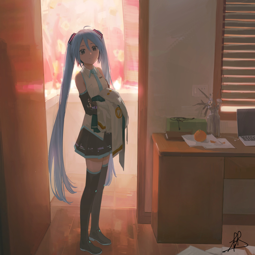 1girl absurdres black_footwear black_legwear black_skirt black_sleeves blinds blue_eyes blue_hair blue_necktie boots chinese_commentary closed_mouth collared_shirt commentary_request computer detached_sleeves food fruit full_body hatsune_miku highres holding holding_clothes indoors laptop linpiu long_hair looking_at_viewer necktie orange_(fruit) paper plant potted_plant shirt signature skirt sleeveless sleeveless_shirt smile solo standing thigh_boots thighhighs twintails vase very_long_hair vocaloid white_shirt wooden_floor
