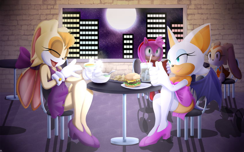 absurd_res amy_rose being_watched breasts chiropteran cleavage clothed clothing cream_the_rabbit dress eulipotyphlan female female/female food gloves group handwear hedgehog hi_res high_heels lagomorph legwear leporid looking_at_another mammal rabbit rasenxoru restaurant rouge_the_bat sega smile sonic_the_hedgehog_(series) thigh_highs vanilla_the_rabbit