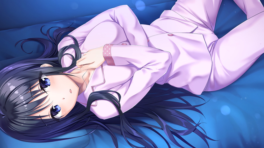 1girl aikotoba bangs bed_sheet black_hair blue_eyes breasts collarbone eyebrows_visible_through_hair eyelashes game_cg hair_between_eyes indoors kinoshita_uzuki long_hair long_sleeves looking_at_viewer lying medium_breasts on_back open_mouth oryo_(oryo04) pajamas pink_pajamas pink_shirt shiny shiny_hair shirt sleepwear solo straight_hair very_long_hair