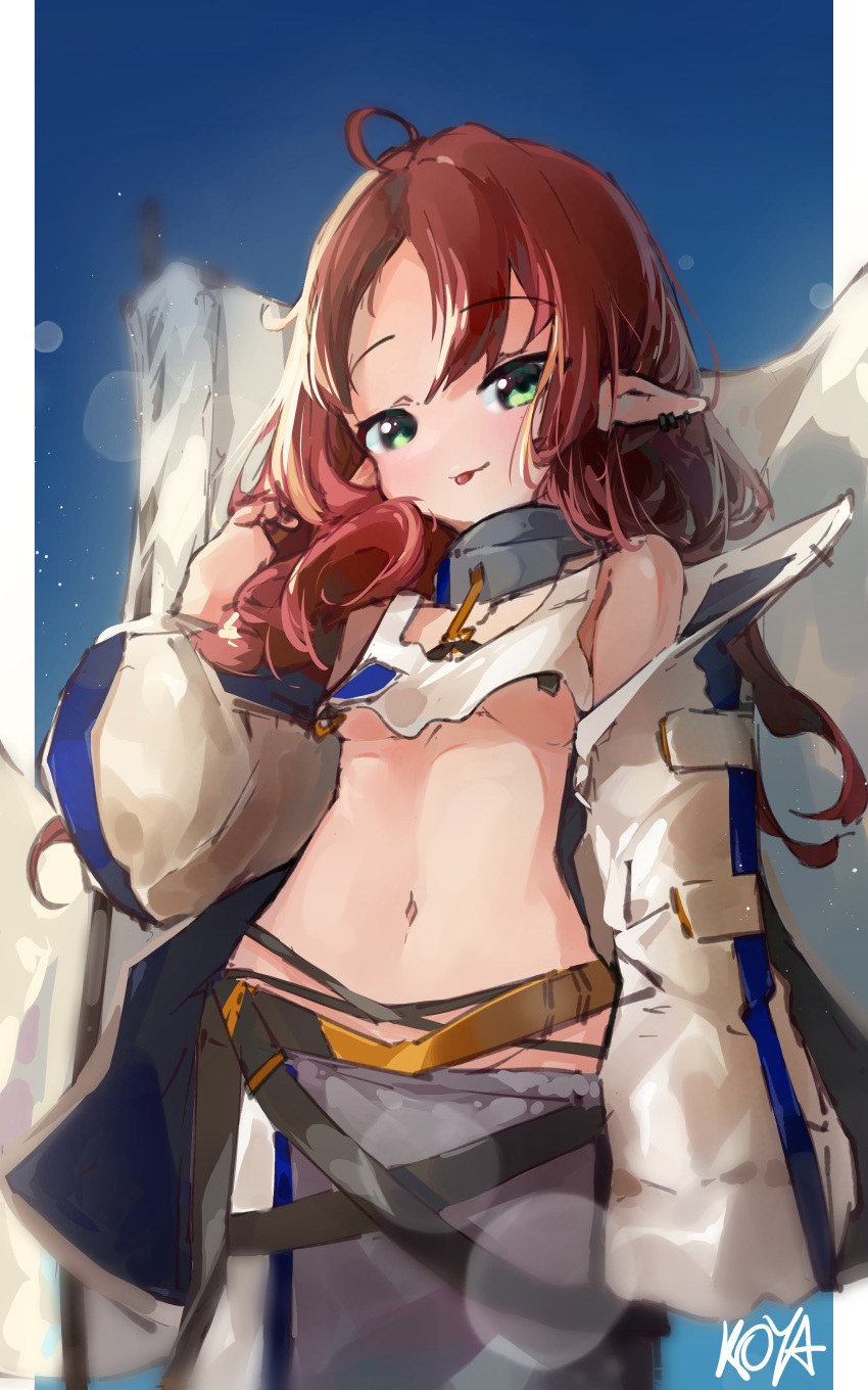 1girl :p absurdres ahoge arknights artist_name bangs bare_shoulders blurry blurry_background blurry_foreground border breasts closed_mouth coat commentary cowboy_shot crop_top crop_top_overhang ear_piercing flag green_eyes hand_up highres koya_1001 long_hair long_sleeves looking_at_viewer looking_down midriff myrtle_(arknights) navel piercing pointy_ears red_hair shirt sidelocks signature small_breasts smile solo swept_bangs tank_top tongue tongue_out underboob white_border white_coat white_flag white_shirt