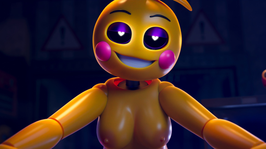 &lt;3 &lt;3_eyes absurd_res anthro ashleyorange avian bird chicken eyshadow feathers female first_person_view five_nights_at_freddy's five_nights_at_freddy's_2 galliform gallus_(genus) hi_res humanoid machine makeup phasianid robot robot_humanoid scottgames shoulder_grab solo video_games white_eyes yellow_body yellow_feathers