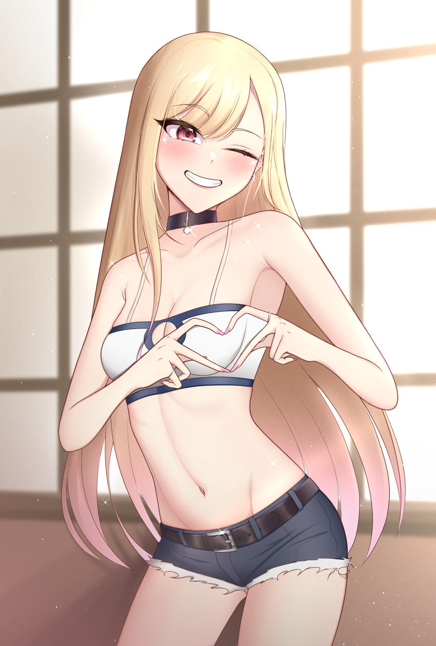 1girl absurdres bandeau bangs bare_arms bare_shoulders belt black_belt black_choker blonde_hair blush breasts choker cleavage cleavage_cutout clothing_cutout collarbone commentary_request cosplay cowboy_shot cutoffs denim denim_shorts eyebrows_visible_through_hair fate/apocrypha fate_(series) grin groin head_tilt heart heart_hands highres indoors kitagawa_marin long_hair looking_at_viewer medium_breasts midriff mordred_(fate) mordred_(fate/apocrypha) mordred_(fate/apocrypha)_(cosplay) nail_polish navel one_eye_closed pendreon pink_eyes pink_nails short_shorts shorts smile solo sono_bisque_doll_wa_koi_wo_suru spaghetti_strap standing stomach very_long_hair