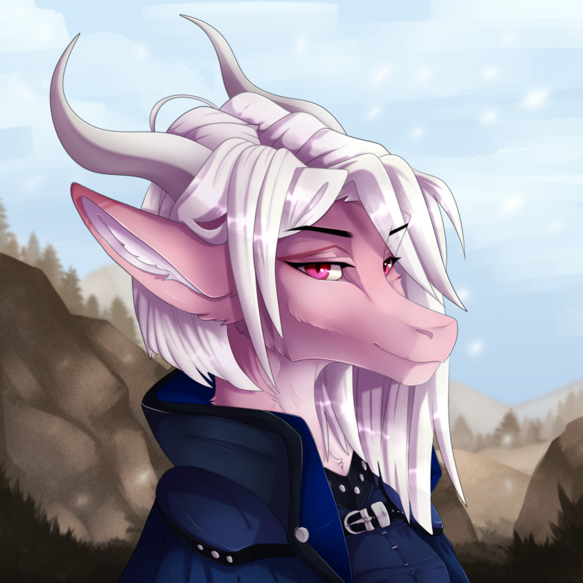 2022 anthro blue_clothing clothed clothing dragon eiris_(saren662) female fur furred_dragon hair hi_res horn inner_ear_fluff looking_at_viewer mountain outside pink_body pink_eyes pink_fur plant portrait siyeneveries snow solo tree tuft white_hair