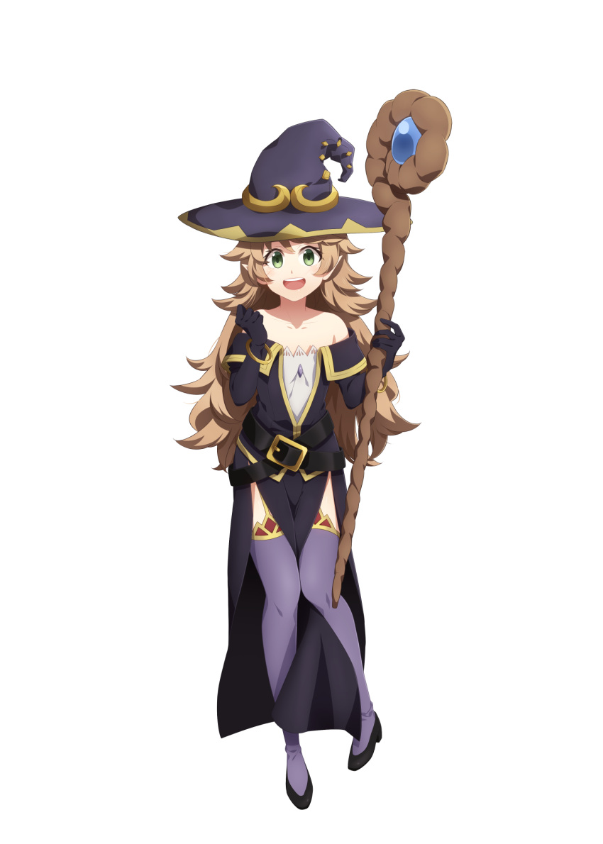 1girl :d alternate_costume black_footwear black_gloves black_jacket black_skirt bracelet brown_hair character_request collarbone cosplay flat_chest full_body garter_straps gloves goblin_slayer! hat highres holding holding_staff jacket jewelry kankitukou long_hair long_skirt looking_at_viewer off-shoulder_jacket off_shoulder open_clothes open_jacket open_mouth pumps purple_headwear purple_legwear side_slit simple_background skirt smile solo staff standing thighhighs very_long_hair white_background witch_(goblin_slayer!) witch_(goblin_slayer!)_(cosplay) witch_hat