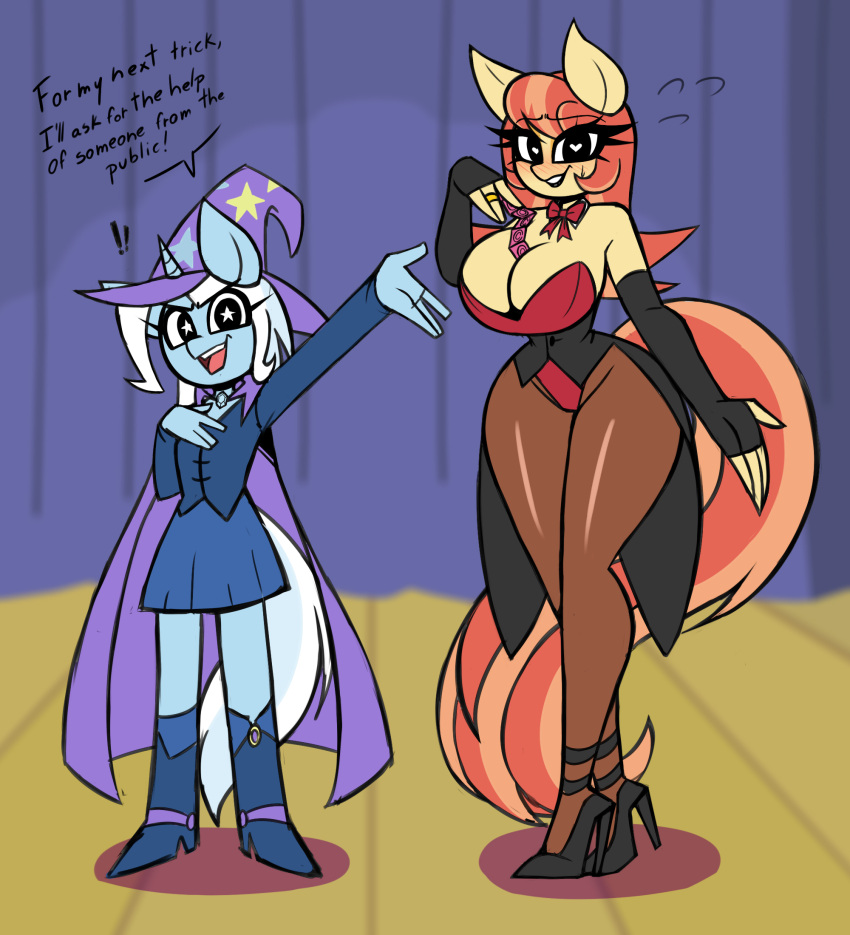 &lt;3 &lt;3_eyes anthro anthrofied armwear aunt_holiday_(mlp) big_breasts bow_tie breasts cleavage clothed clothing condom_wrapper dress duo earth_pony elbow_gloves equid equine footwear friendship_is_magic gloves hair handwear hi_res high_heels horn horse legwear mammal my_little_pony nelljoestar orange_hair pantyhose pony shoes star_eyes trixie_(mlp) unicorn