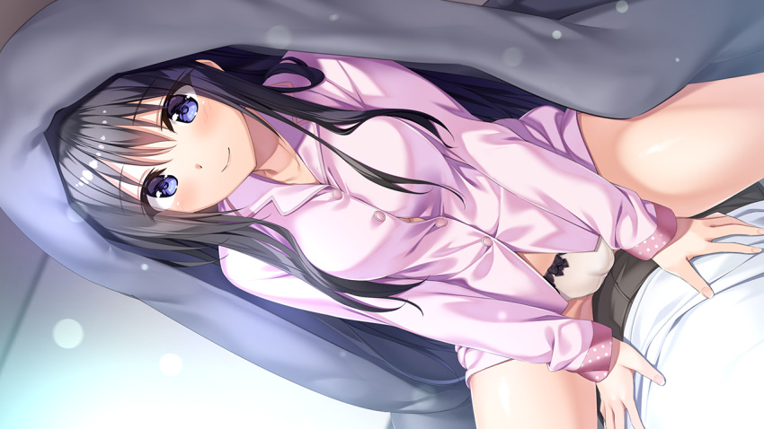 1boy 1girl aikotoba bangs black_hair blue_eyes blush breasts cameltoe closed_mouth collarbone eyebrows_visible_through_hair eyelashes game_cg girl_on_top grey_pants hair_between_eyes indoors kinoshita_uzuki long_hair long_sleeves medium_breasts oryo_(oryo04) pajamas panties pants pink_shirt shiny shiny_hair shirt smile solo_focus straight_hair under_covers underwear very_long_hair white_panties white_shirt