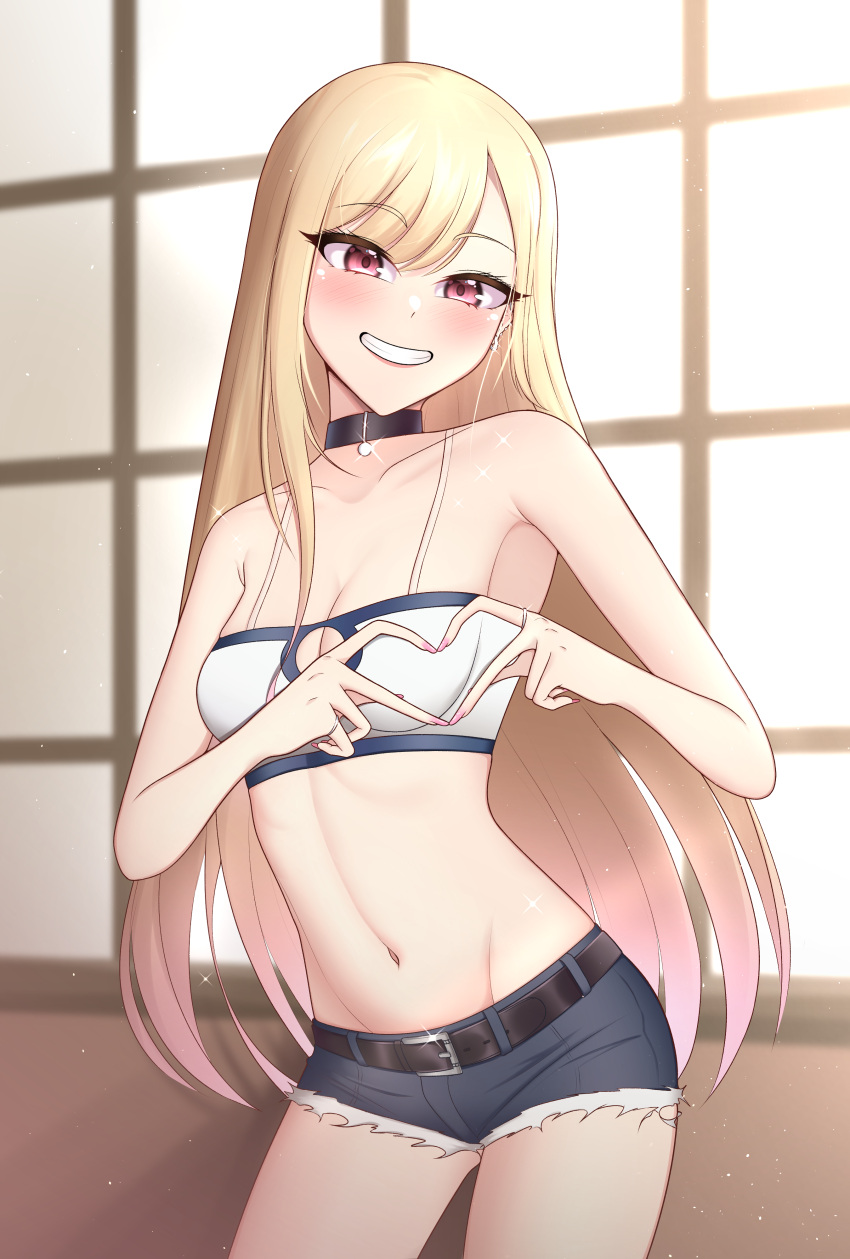 1girl absurdres bandeau bangs bare_arms bare_shoulders belt black_belt black_choker blonde_hair blush breasts choker cleavage cleavage_cutout clothing_cutout collarbone commentary_request cosplay cowboy_shot cutoffs denim denim_shorts eyebrows_visible_through_hair fate/apocrypha fate_(series) grin groin head_tilt heart heart_hands highres indoors kitagawa_marin long_hair looking_at_viewer medium_breasts midriff mordred_(fate) mordred_(fate/apocrypha) mordred_(fate/apocrypha)_(cosplay) nail_polish navel pendreon pink_eyes pink_nails short_shorts shorts smile solo sono_bisque_doll_wa_koi_wo_suru spaghetti_strap standing stomach very_long_hair