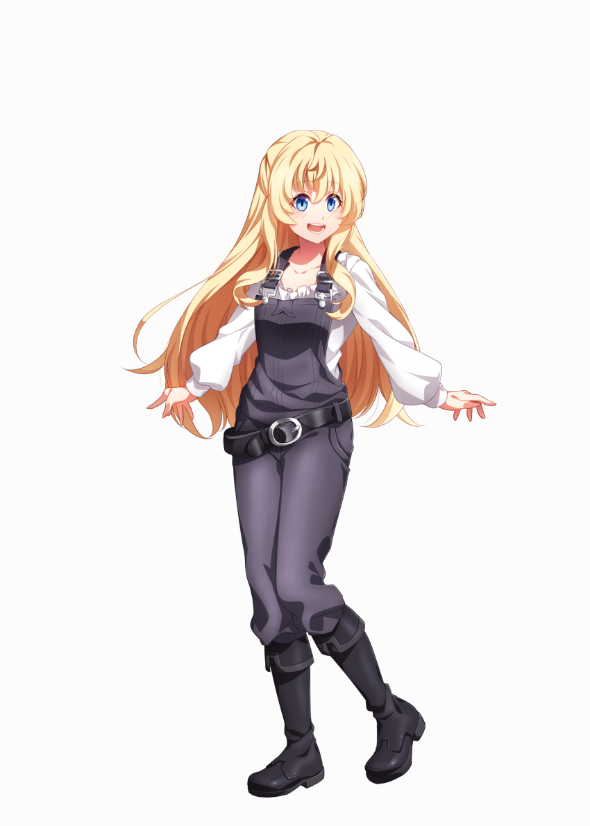 1girl :d alternate_costume bangs black_footwear blonde_hair blue_eyes collarbone cosplay cow_girl_(goblin_slayer!) cow_girl_(goblin_slayer!)_(cosplay) eyebrows_visible_through_hair full_body goblin_slayer! grey_overalls hair_between_eyes highres kankitukou long_hair long_sleeves open_mouth overalls priestess_(goblin_slayer!) shirt simple_background smile solo standing very_long_hair white_background white_shirt