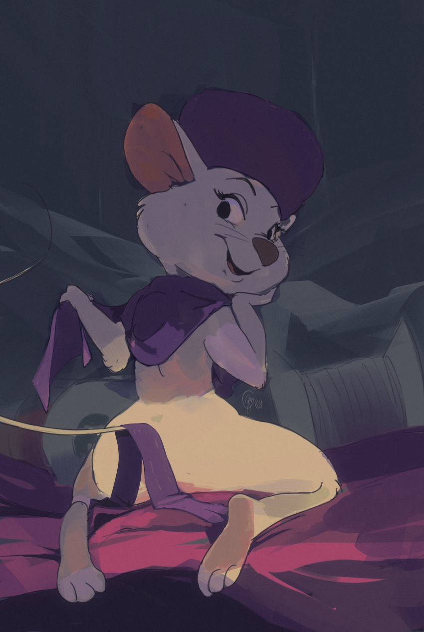 2022 3_toes absurd_res anthro butt clothing convenient_censorship disney don_bluth edtropolis fabric feet female fur hand_on_face hat headgear headwear hi_res holding_object kneeling looking_back mammal miss_bianca_(the_rescuers) mostly_nude mouse murid murine open_mouth patreon paws raised_tail rear_view rodent scarf smile solo the_rescuers_(disney) toes whiskers white_body white_fur