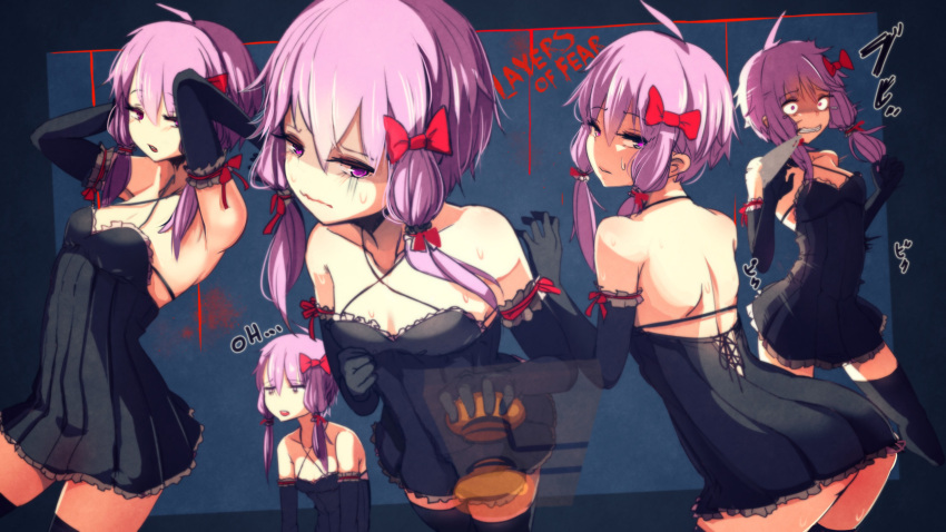 1girl absurdres ahoge alternate_costume arms_up at2. bare_shoulders black_dress black_legwear blush doorknob dress elbow_gloves gloves hair_ribbon highres layers_of_fear leaning_forward looking_at_viewer looking_back open_mouth purple_eyes purple_hair red_ribbon ribbon scared short_dress short_hair short_hair_with_long_locks sleeveless sleeveless_dress solo sweat thighhighs trembling vocaloid voiceroid wavy_mouth yuzuki_yukari zettai_ryouiki