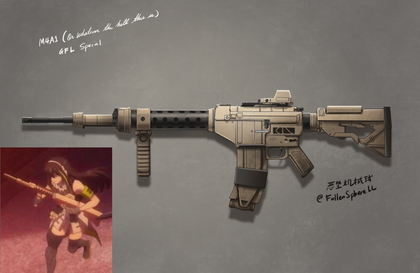 assault_rifle bad_gun_anatomy cursed_m4a1 english_commentary fallenspherell foregrip girls'_frontline grey_background gun highres m4a1_(girls'_frontline) magazine_(weapon) reference_inset rifle shadow signature simple_background twitter_username weapon weapon_focus weapon_name