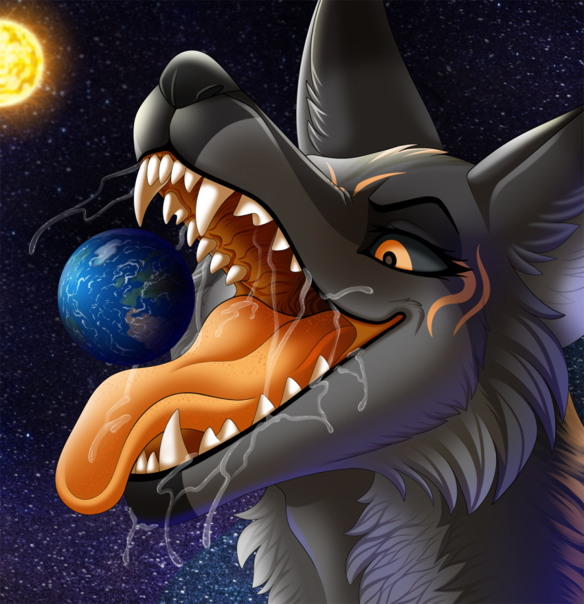2022 anthro black_body black_fur bodily_fluids canid canine canis earth female fur fur_markings furrypur hi_res imminent_vore macro mammal markings open_mouth planet saliva saliva_on_tongue sharp_teeth solo space sun teeth tongue tongue_out wolf ych_result