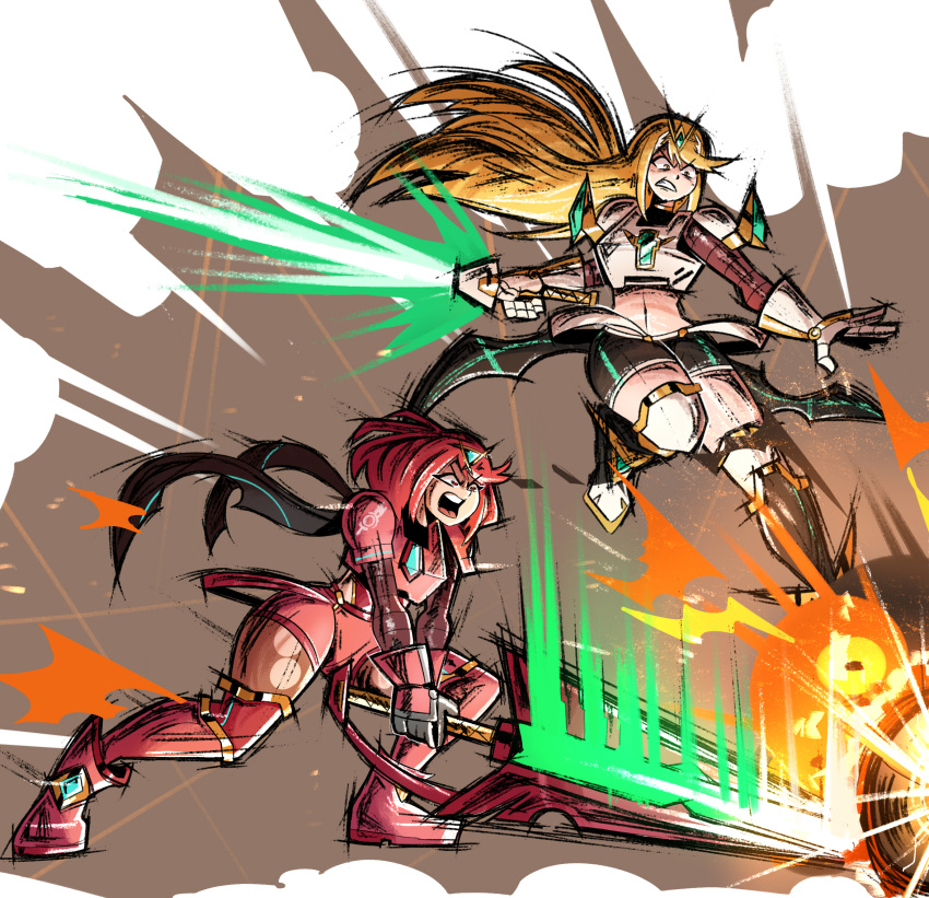 2girls adapted_costume aegis_sword_(xenoblade) armor ball blonde_hair highres multiple_girls mythra_(xenoblade) pyra_(xenoblade) red_eyes red_hair soccer soccer_ball soccer_uniform sportswear super_mario_strikers thegreyzen xenoblade_chronicles_(series) xenoblade_chronicles_2 yellow_eyes