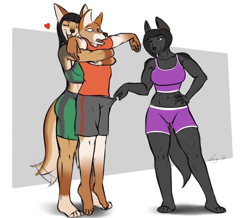 anthro barefoot bra breasts canid canine canis caught cayo clothing coyote ears_up eyes_closed feet female group humanoid_hands imminent_sex male male/female mammal open_mouth restrained smile sports_bra sportswear tail_motion tailwag tippy_toes underwear unsure wolf