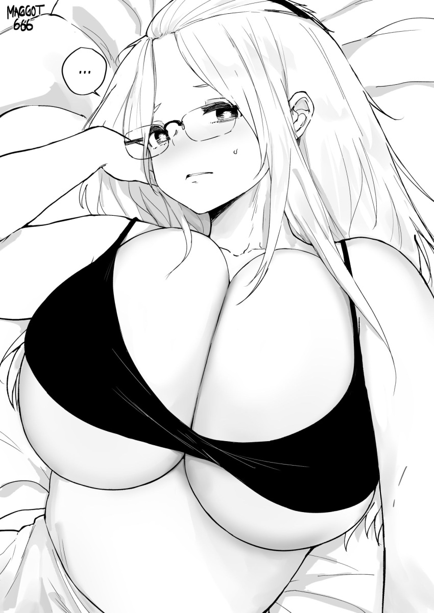 ... 1girl artist_name black_bra blush bra breast_squeeze breasts bright_pupils cleavage closed_mouth collarbone forehead glasses greyscale hand_on_own_cheek hand_on_own_face highres huge_breasts inne_sulistya_robin light_frown long_hair looking_at_viewer lying monochrome norman_maggot on_back original selfie solo speech_bubble spoken_ellipsis under_covers underboob undersized_clothes underwear upper_body