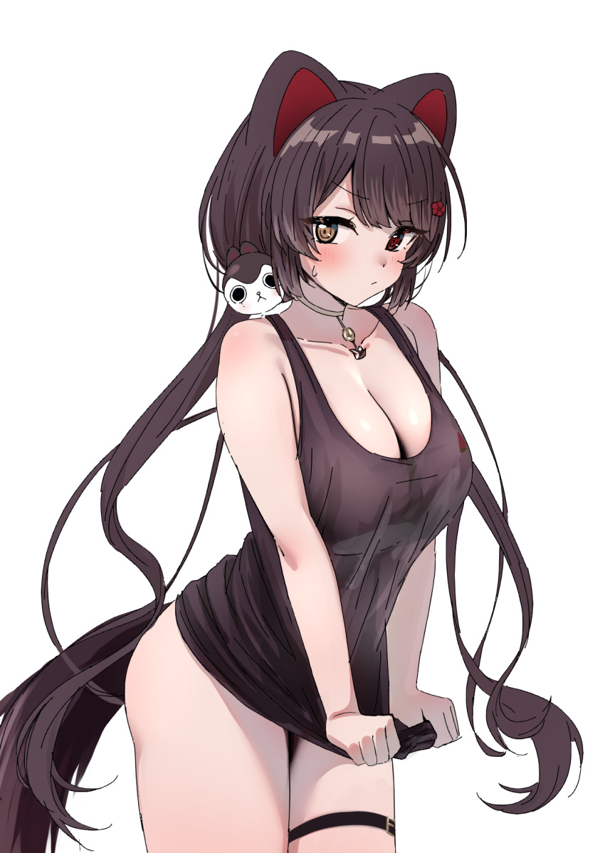 1girl animal_ears bare_legs bare_shoulders black_tank_top blush bottomless breasts cleavage closed_mouth clothes_pull collar covering covering_crotch dog_ears embarrassed eyebrows_visible_through_hair flower frown hair_flower hair_ornament heterochromia highres inui_toko large_breasts long_hair looking_at_viewer nijisanji no_panties no_pants osiaarah red_flower revealing_clothes shirt_pull shirt_tug simple_background tail tank_top thigh_strap thighs virtual_youtuber white_background