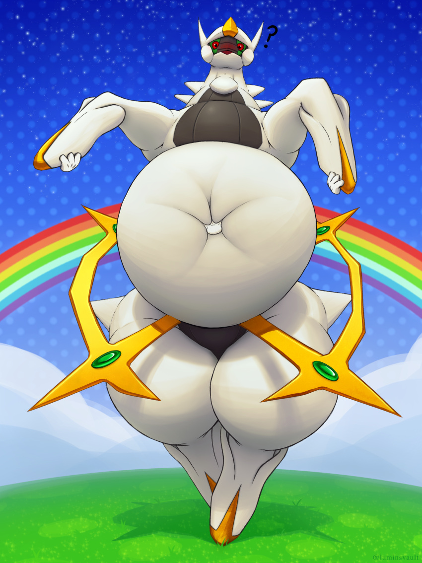 2022 absurd_res ambiguous_gender arceus belly belly_grab big_belly blue_sky blush blush_lines chubby_cheeks cloud countershade_face countershade_neck countershading detailed_background disembodied_hand feral front_view full-length_portrait gem gold_(metal) grass green_eyes green_sclera hi_res hooves legendary_pok&eacute;mon looking_at_viewer luminsvault nintendo obese obese_ambiguous obese_feral open_mouth outside overweight overweight_ambiguous overweight_feral plant pok&eacute;mon pok&eacute;mon_(species) pok&eacute;mon_amie portrait rainbow reverse_countershading sky solo standing star starry_sky surprise thick_thighs video_games white_body